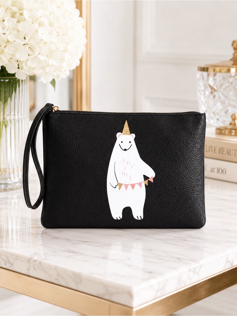 LC Lauren Conrad Polar Bear Wristlet Clutch Black Makeup Travel Pouch Bag NWT
